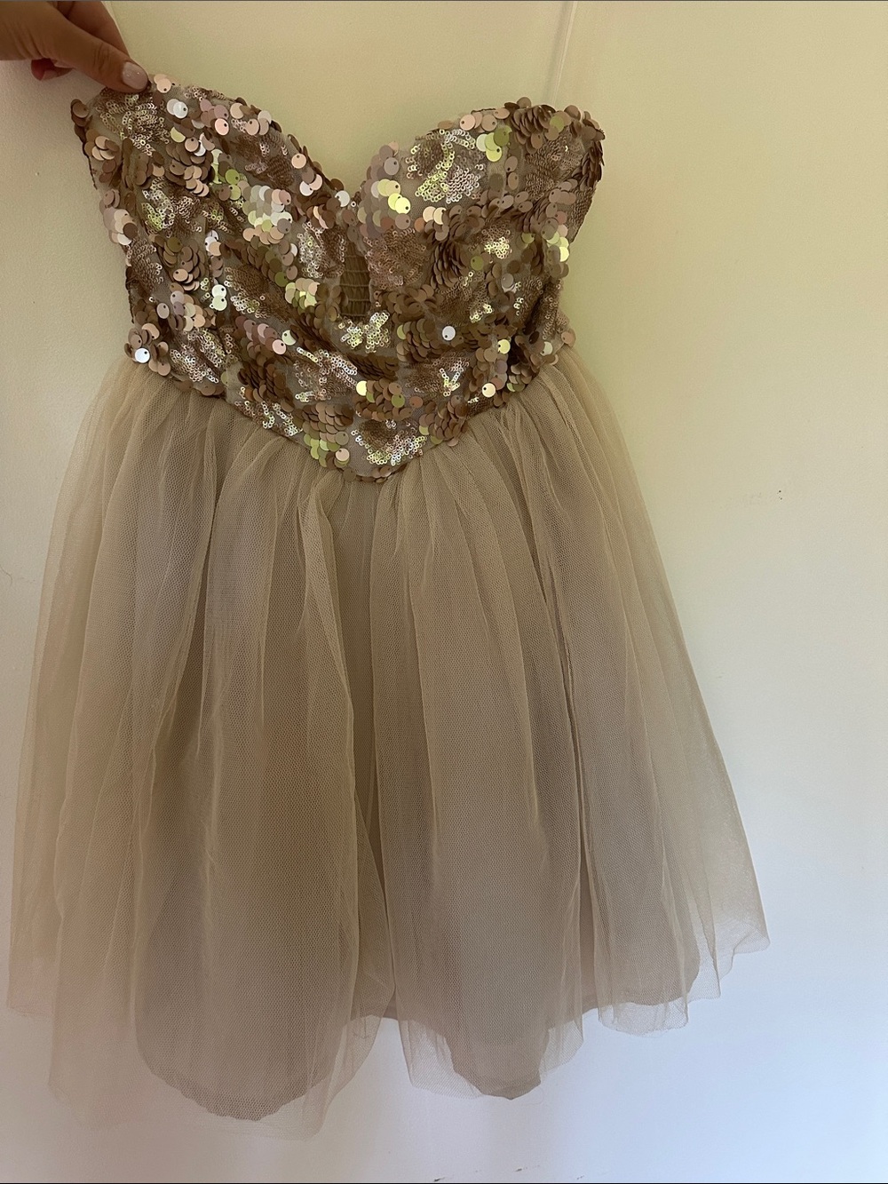 Xenia Boutique Strapless Sequin Bodice Tulle Dress in Taupe and Champagne